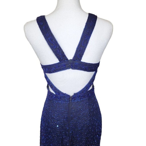 Vintage 90s Scala Navy Blue Beaded Silk Long Gown Cutouts Sz 2 4 - Picture 8 of 15